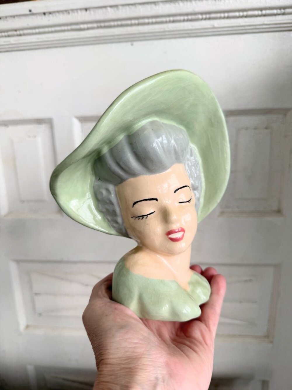 Vintage 1950s Glamour Girl Vase Head Planter Green Hat Retro MOD - Picture 11 of 13